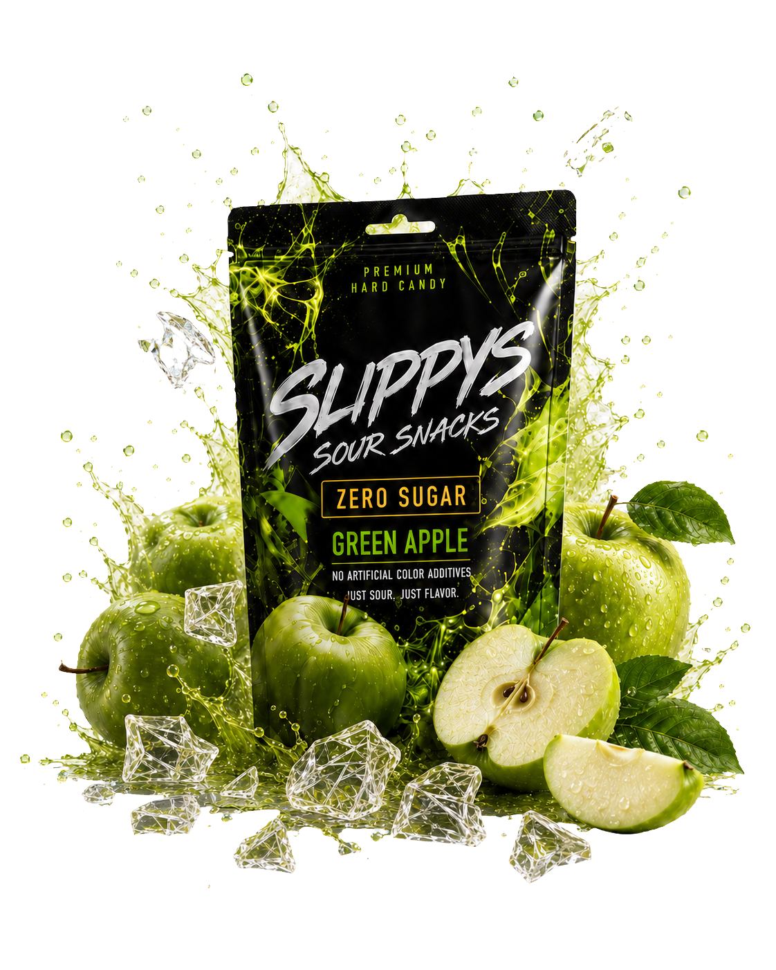 Green Apple Slippys pouch with fruit and clear broken candy pieces