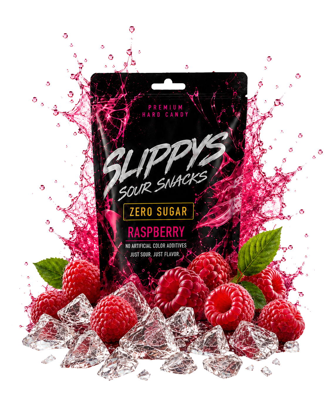 Ruthless Raspberry Slippys pouch with fruit and clear broken candy pieces