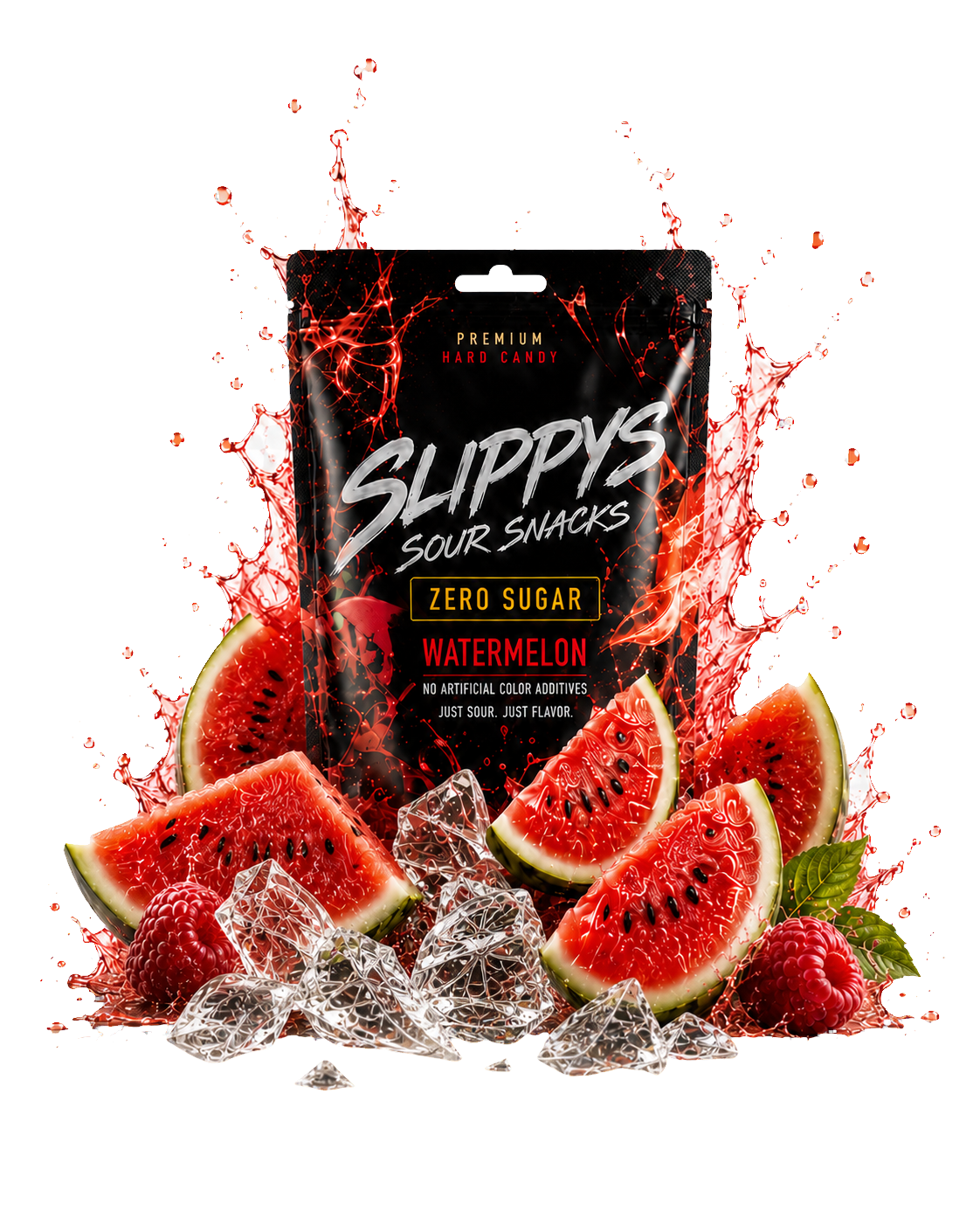 Sour Watermelon Slippys pouch with fruit and clear broken candy pieces